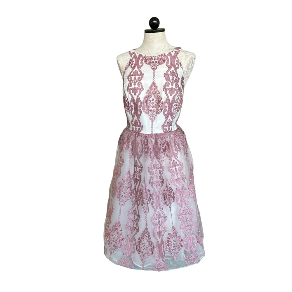 Chi Chi London NEW Pink Halter Dress Tulle Embroidered Overlay Damask Size 16 - Picture 3 of 16